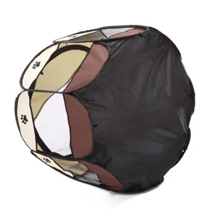 Foldable pet tent detail showing breathable mesh fabric and cute paw print design for dogs.