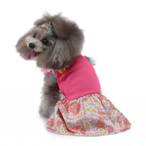 Vue détaillée jolie robe d'été pour chien, vêtement respirant pour animal avec haut rose et jupe.