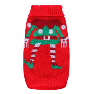 Détail de pull de Noël pour animal, motif tricoté d'elfe mignon, col roulé chaud.