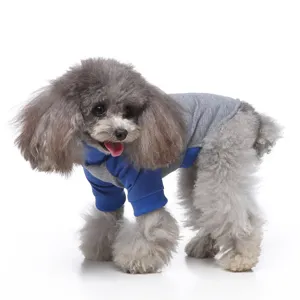 Nahaufnahme Detailansicht der stilvollen grau-blauen Farbblock Haustier Pullover Hundekleidung.