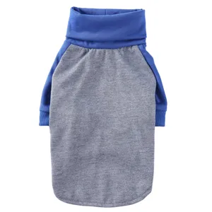 Nahaufnahme des blauen und grauen Haustier-Rollkragenpullovers, kuscheliger Strick.