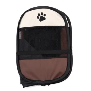 Folded portable pet tent detail view, breathable mesh and durable fabric construction for pets.