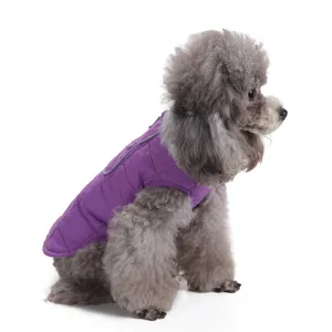 Side view of warm purple quilted dog winter jacket with reflective detail for small pets