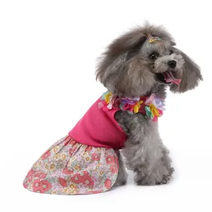 Gros plan détaillé de la jolie robe d'été florale pour animaux avec des accents de fleurs colorées.