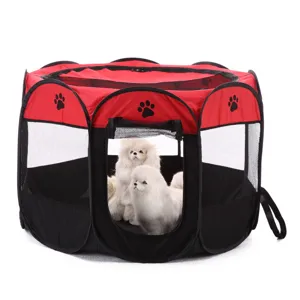 Foldable octagonal pet playpen tent with breathable mesh and red black design for dogs.