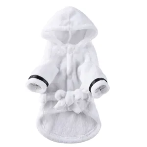 Soft white plush pet bathrobe detail showing hood and black striped cuffs for dogs.