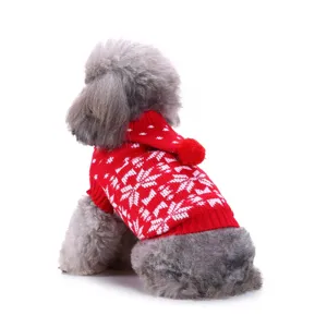 Cute Christmas pet dog sweater with snowflake knitted pattern and hood for winter warm.