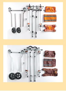 Adjustable dog wheelchair parts detail, showing metal frames, wheels, and harnesses.