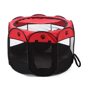 Foldable octagonal pet playpen with breathable mesh and red black design for outdoor camping.