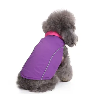 Purple reflective dog winter jacket with pink collar for small pets like poodles