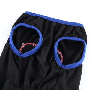 Pet clothes detail view showcasing premium black fabric with blue trim and comfortable stitching.