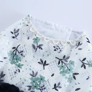 Vue détaillée de la robe pour chien en dentelle blanche avec broderie florale et col argenté.