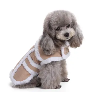 Side view of a warm tan dog winter jacket with white fleece trim on a gray poodle model
