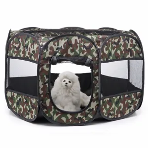 Detailed view of foldable pet playpen featuring breathable mesh windows and camo design.