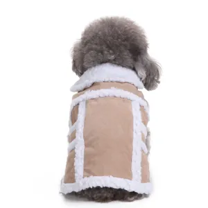 Back view detail of a warm beige suede dog winter jacket with white faux fur lining