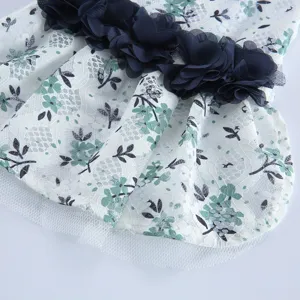 Gros plan sur les détails de la robe pour chien en dentelle florale et fleurs bleu marine.