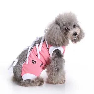 Cute dog surgical recovery suit, pink breathable pet nursing clothes with adjustable straps.