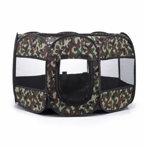 Foldable camo pet playpen with breathable mesh windows portable puppy tent for dogs and cats.