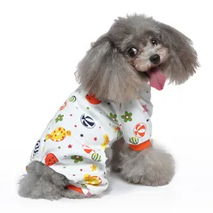 Bequemer vierbeiniger Hunde-Pyjama aus reiner Baumwolle mit bunten Bonbon- und Blumenmustern.