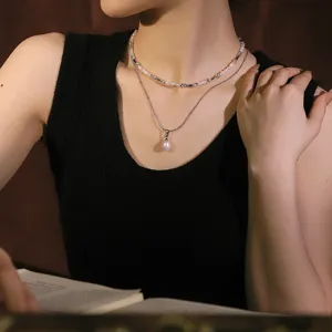 Elegant double-layered natural pearl and silver bamboo knot necklace set for women