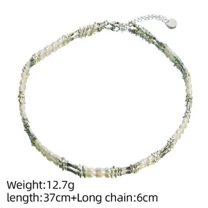 Elegant natural pearl and silver-plated bamboo segment choker necklace for women's fashion