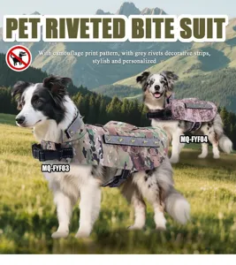Pet riveted bite suit with camouflage print and grey rivets, stylish outdoor protective wear.