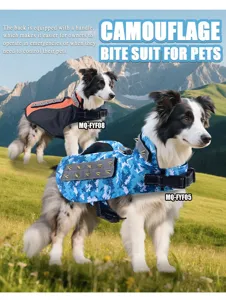 Tactical dog bite suit with handle and spikes, camouflage pet vest for outdoor training.