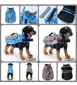 Detailed view of durable camouflage pet bite-proof clothing with four-row metal studs and thick padding.
