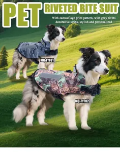 Durable pet bite suit with camouflage print and stylish grey rivets for outdoor training.