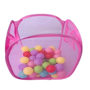Foldable pink mesh laundry basket and toy storage bin with colorful plastic play balls