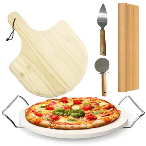 Cordierite Pizza Stone Set With Wooden Peel Stainless Steel Pizza Cutter Baking Tools Pizza Baking Stone Kit For Oven Home Kitchen