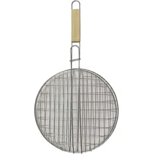 Stainless steel round BBQ grill basket with wooden handle for outdoor camping and barbecue cooking.