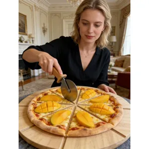 Tagliere rotondo in legno massello vassoio per pizza cucina dettaglio esposizione