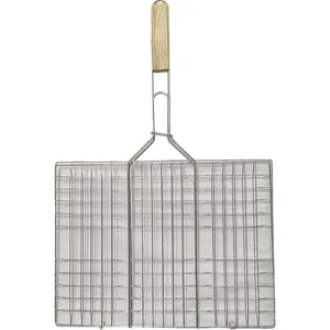 Stainless steel BBQ grill mesh basket with wooden handle, perfect for outdoor fish and vegetables.
