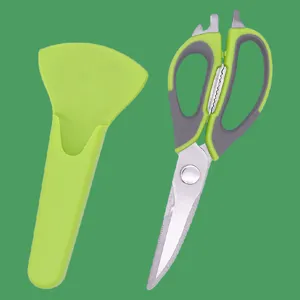 Multifunctional kitchen scissors with magnetic sheath, sharp stainless steel blades, green.