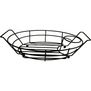 Black wire grill basket detail showing sturdy metal construction and convenient handles for outdoor BBQ.
