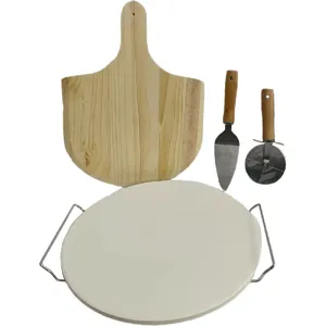 Pizza baking stone set with wooden peel, cutter and server for home kitchen oven cooking.