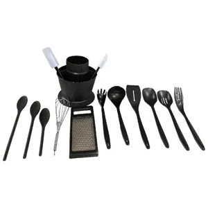 Juego de utensilios de cocina negros de 14 piezas con soporte giratorio batidor rallador
