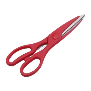Detail view of multipurpose red stainless steel kitchen scissors for bone and poultry