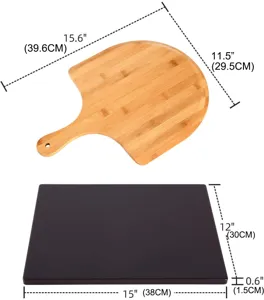Set de pala para pizza y piedra de horno dimensiones y vista detallada precisa.