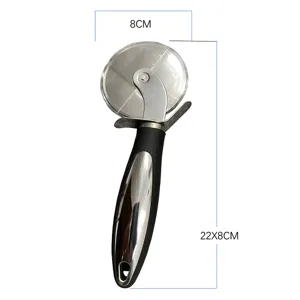 Stainless steel pizza cutter wheel with ergonomic handle and size guide
