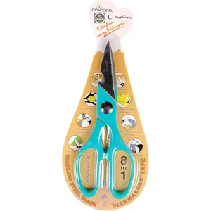 Tijeras de cocina multifuncionales de acero inoxidable con diseño 8 en 1 y mango turquesa cómodo.