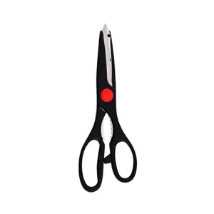 Multi-functional stainless steel kitchen scissors with black handles and red pivot point.
