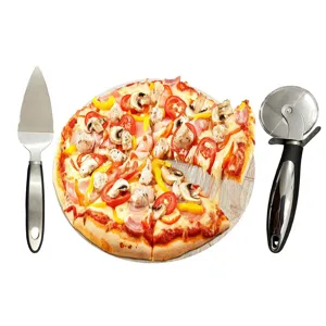 3-piece oak pizza board set with stainless steel pizza cutter and server shovel tool