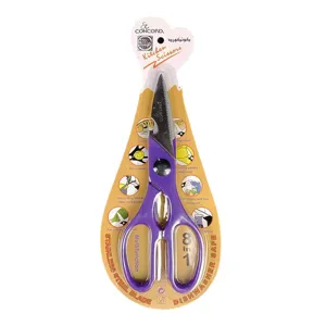 Vista detallada de las tijeras de cocina de acero inoxidable con mango morado ergonómico.