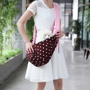Pet sling bag, brown polka dot pet carrier bag with pink shoulder strap for small dogs outdoor.