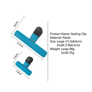 Detailed dimensions and weights of plastic food bag sealing clips in two sizes.