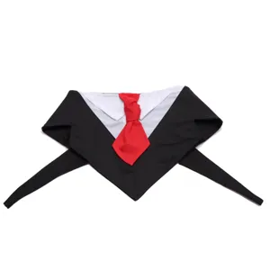 Detail van de hondensmoking bandana met nette witte kraag en stijlvolle rode das.
