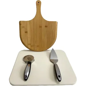 Ceramic Pizza Stone Baking Board Set Stainless Steel Cutter Wheels Bamboo Paddle Server For Oven BBQ Grill Kitchen Bakeware