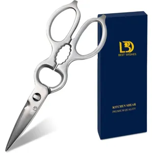 Stainless steel multi-functional kitchen shears with durable sharp blades and bottle opener.